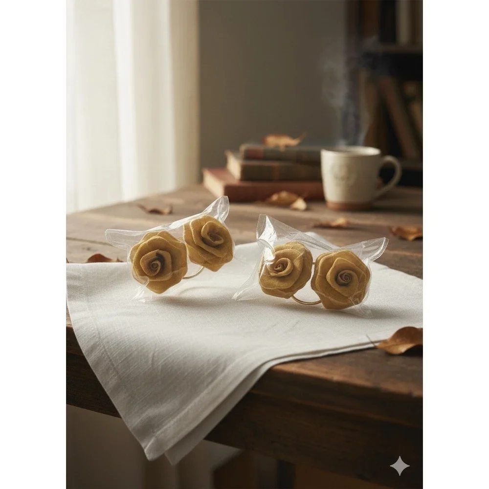 NWT! Pottery Barn Gold‎ Rose Napkin Rings Set of 4 Rustic Farmhouse Decor